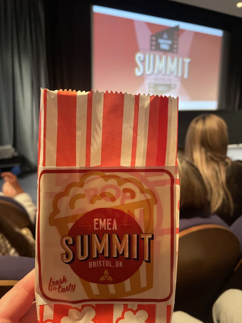 A bag of popcorn at the film-themed Simpleview EMEA Summit in Bristol, England