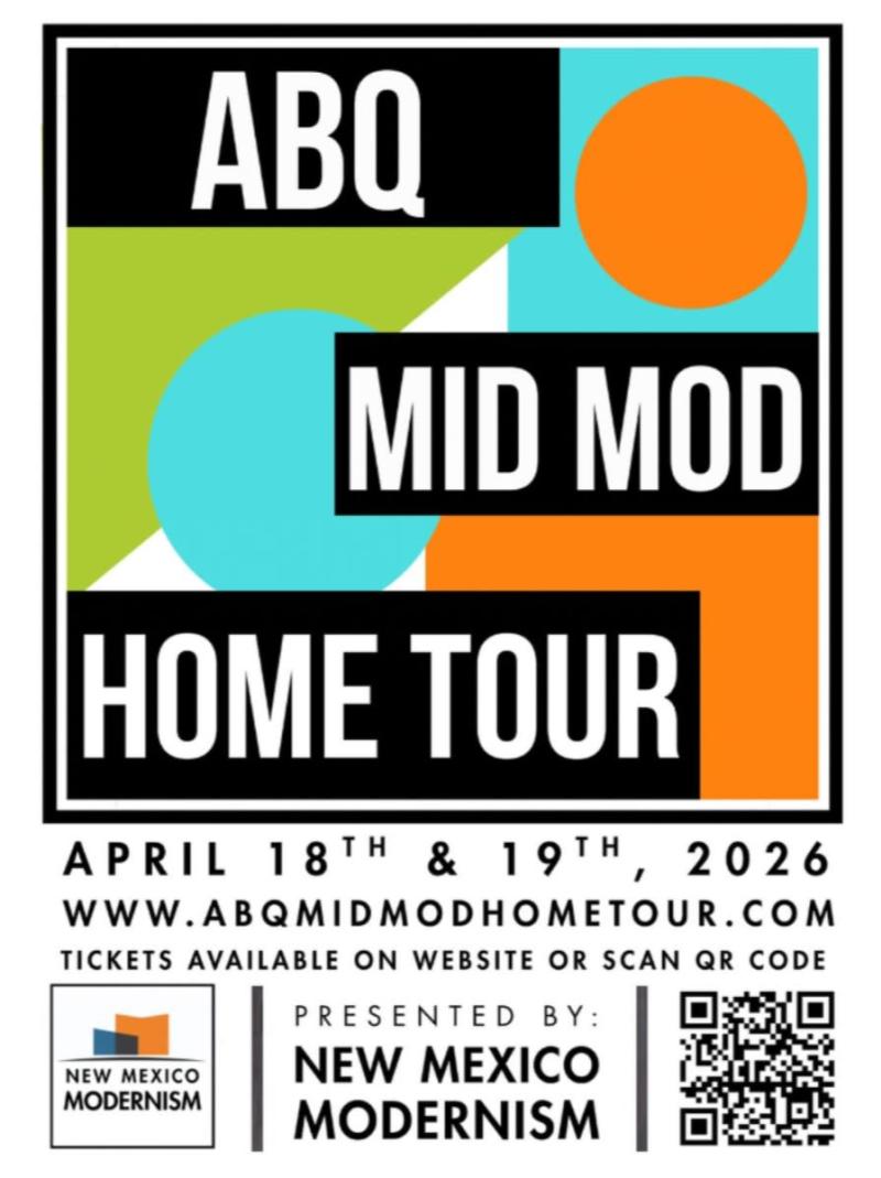 A graphic advertising the ABQ Mid Mod Home Tour on April 18 and 19, 2026.