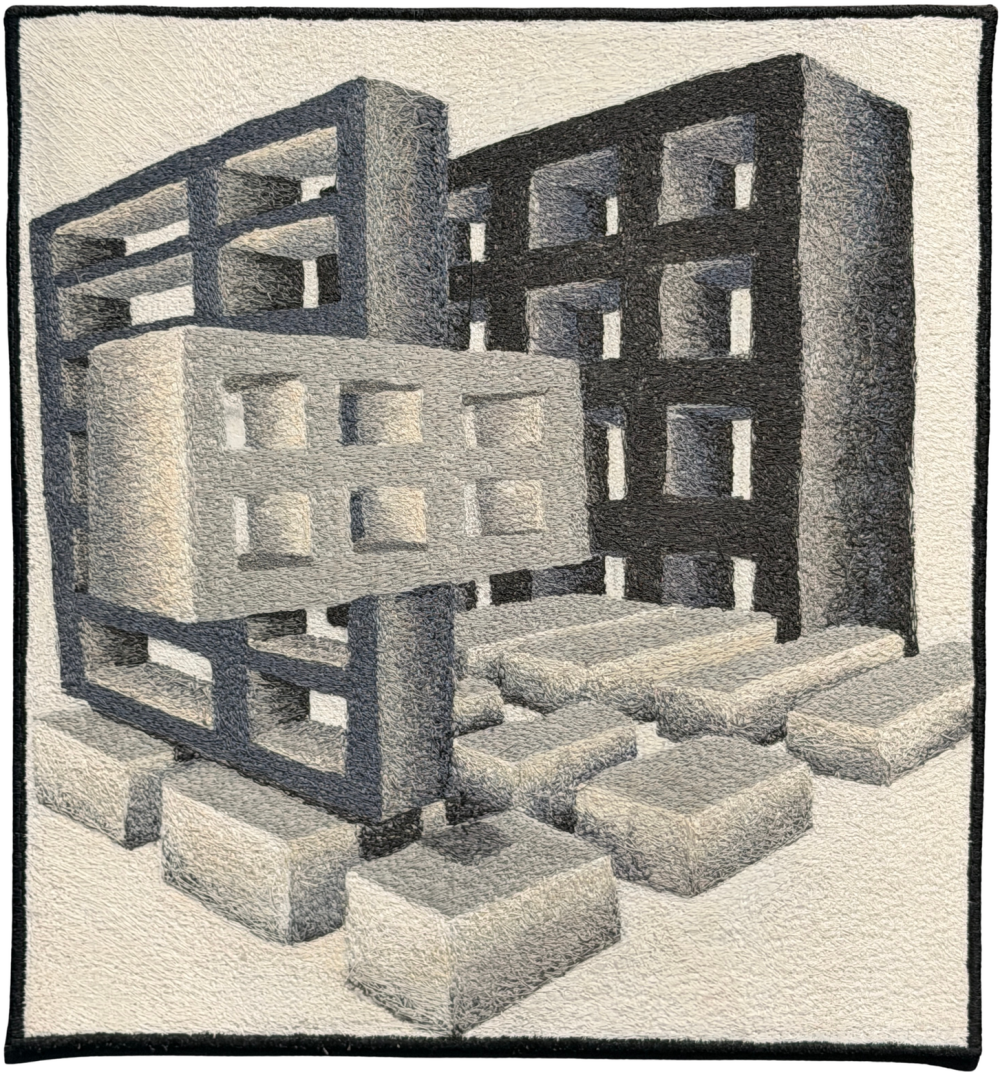 A rug or tapestry depicting a monochromatic gray scene that depicts overlapping bricks and blocks with rectangular holes cut from them.