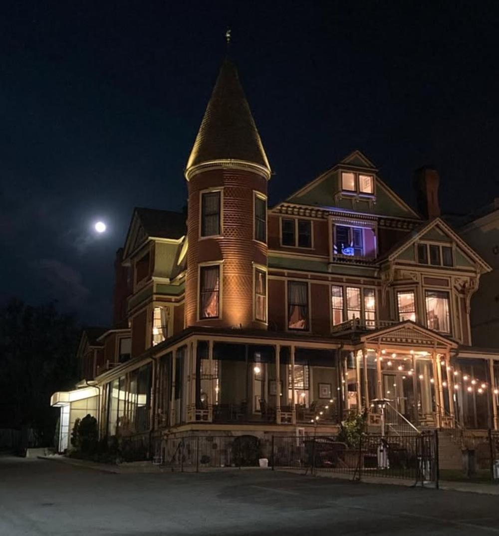 The historic Baker House hotel at night