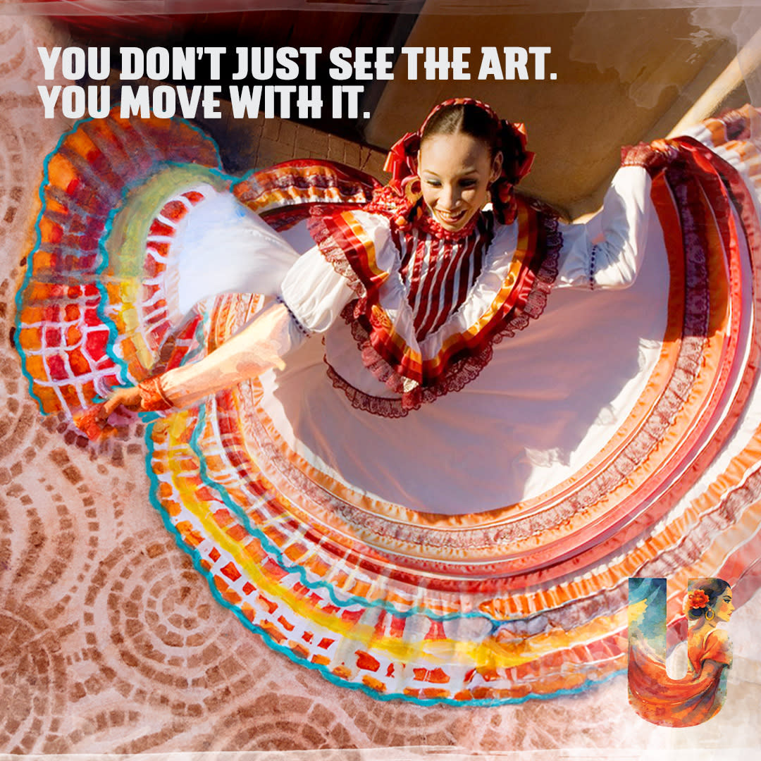 A digital ad for the new Sparkloft campaign. The image features a flamenco dancer with the text "You don't just see the art. You move with it."