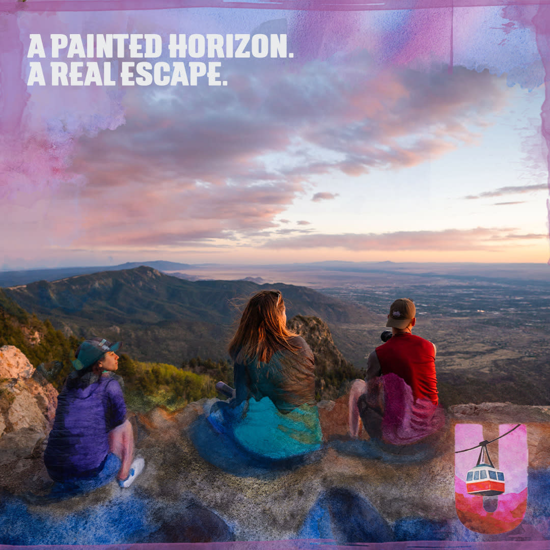 A digital ad for the new Sparkloft campaign. It features hikers gazing out on the city from the Sandias with the text "A painted horizon. A real escape."
