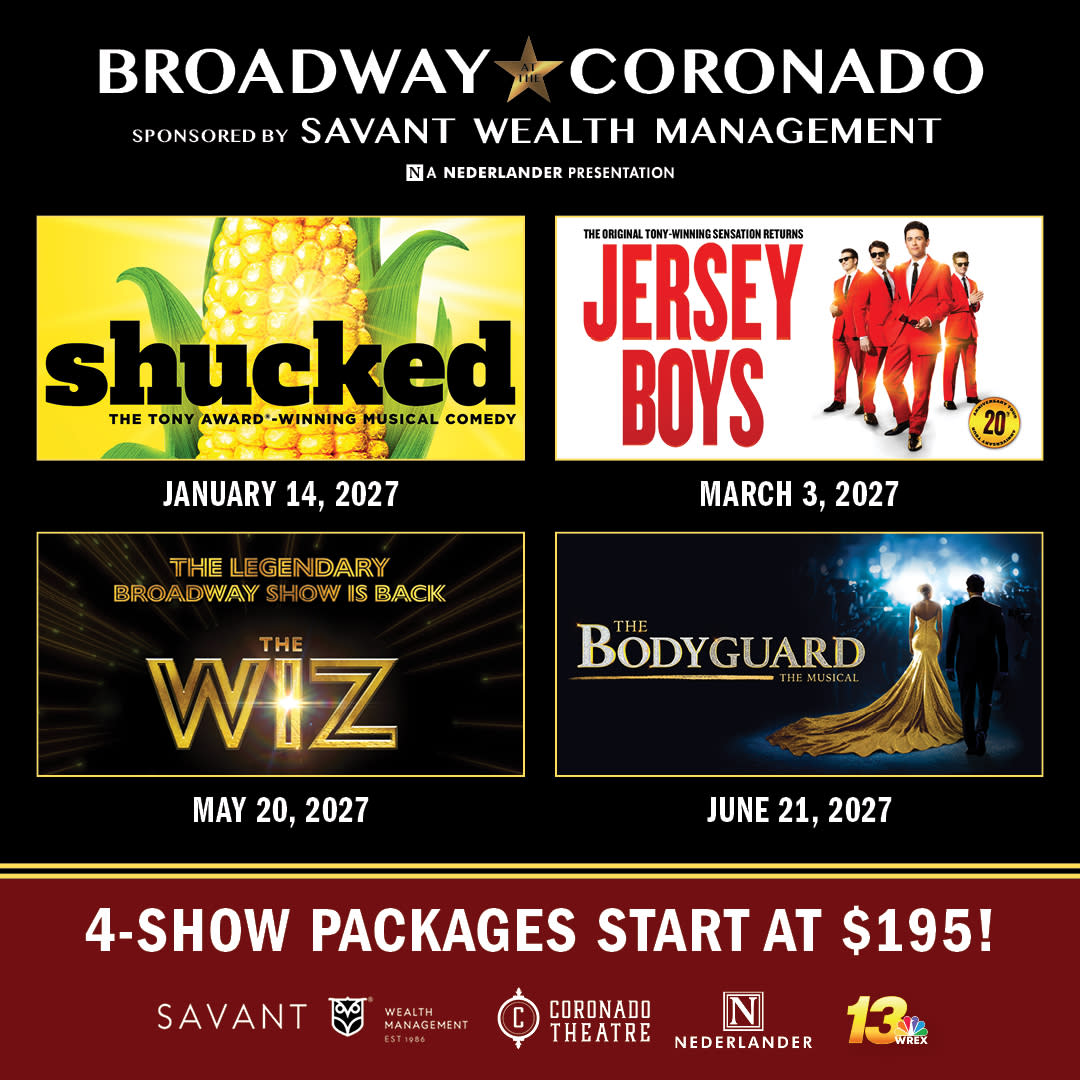 Broadway at the Coronado showing Shucked, Jersey Boys, The Wiz, and The Bodyguard for a 4 show package starting at $195.