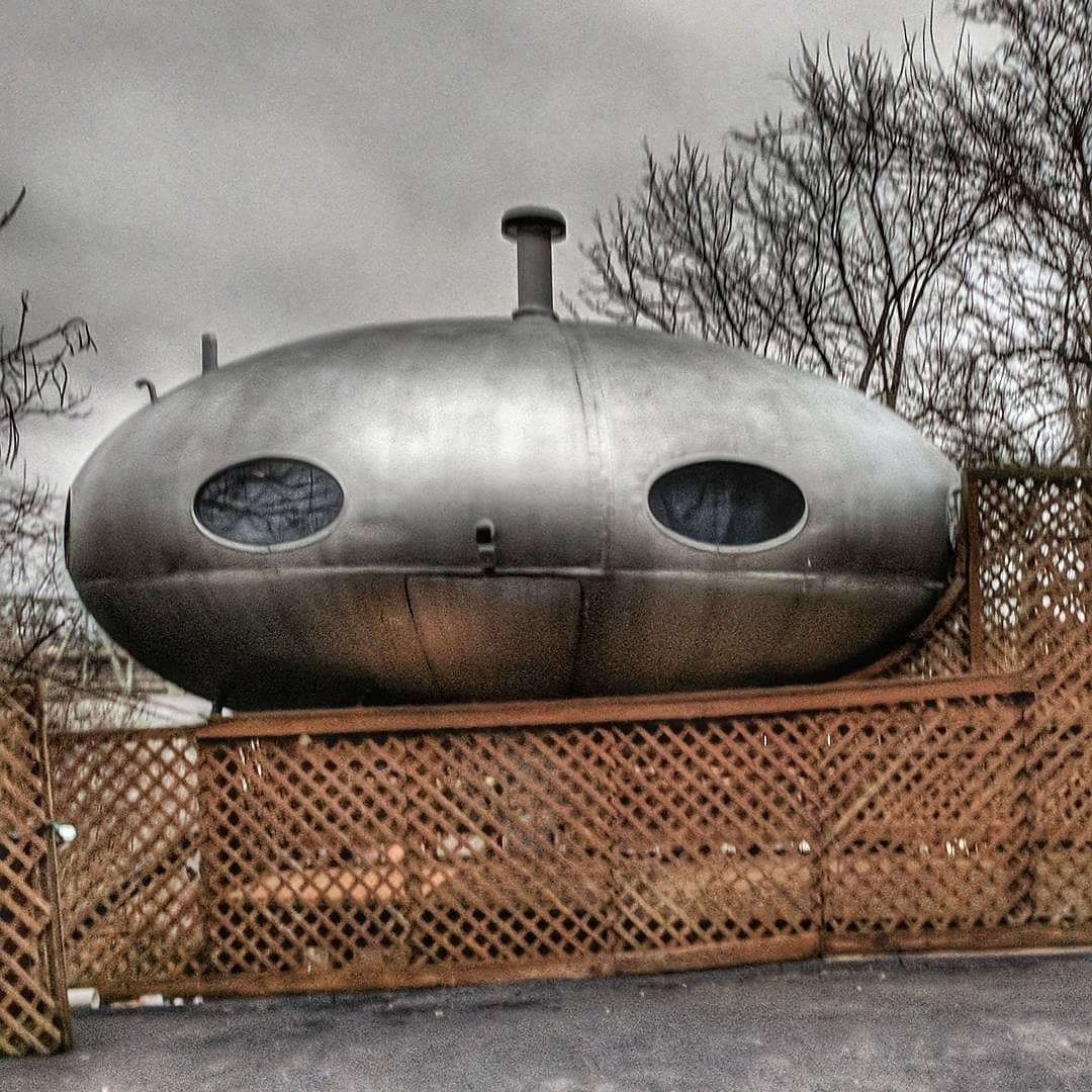 A Futuro house, shaped like a silver flying saucer, in Covington, Ky.