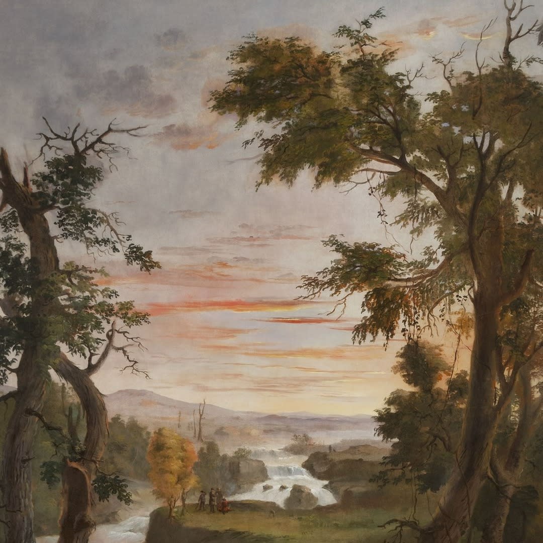 Painting by Robert Duncanson of trees, a river, and sunrise