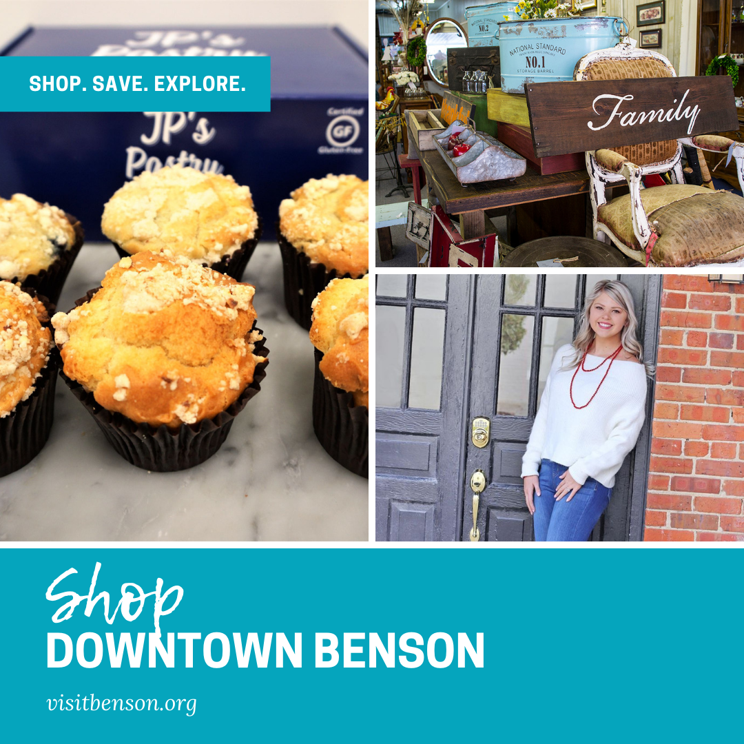 Shop Downtown Benson promoting the stores as a great place to visit in Benson, NC.