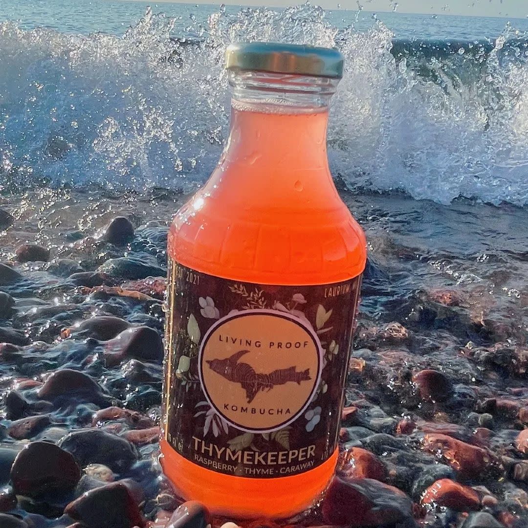 Living Proof Kombucha bottle with Lake Superior in background.