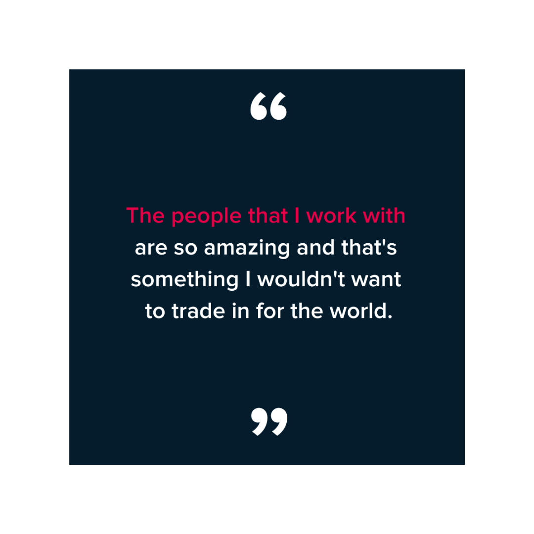 A graphic of a quote from a Destination Madison employee that reads "The people that I work with are so amazing and that's something I wouldn't want to trade in for the world."