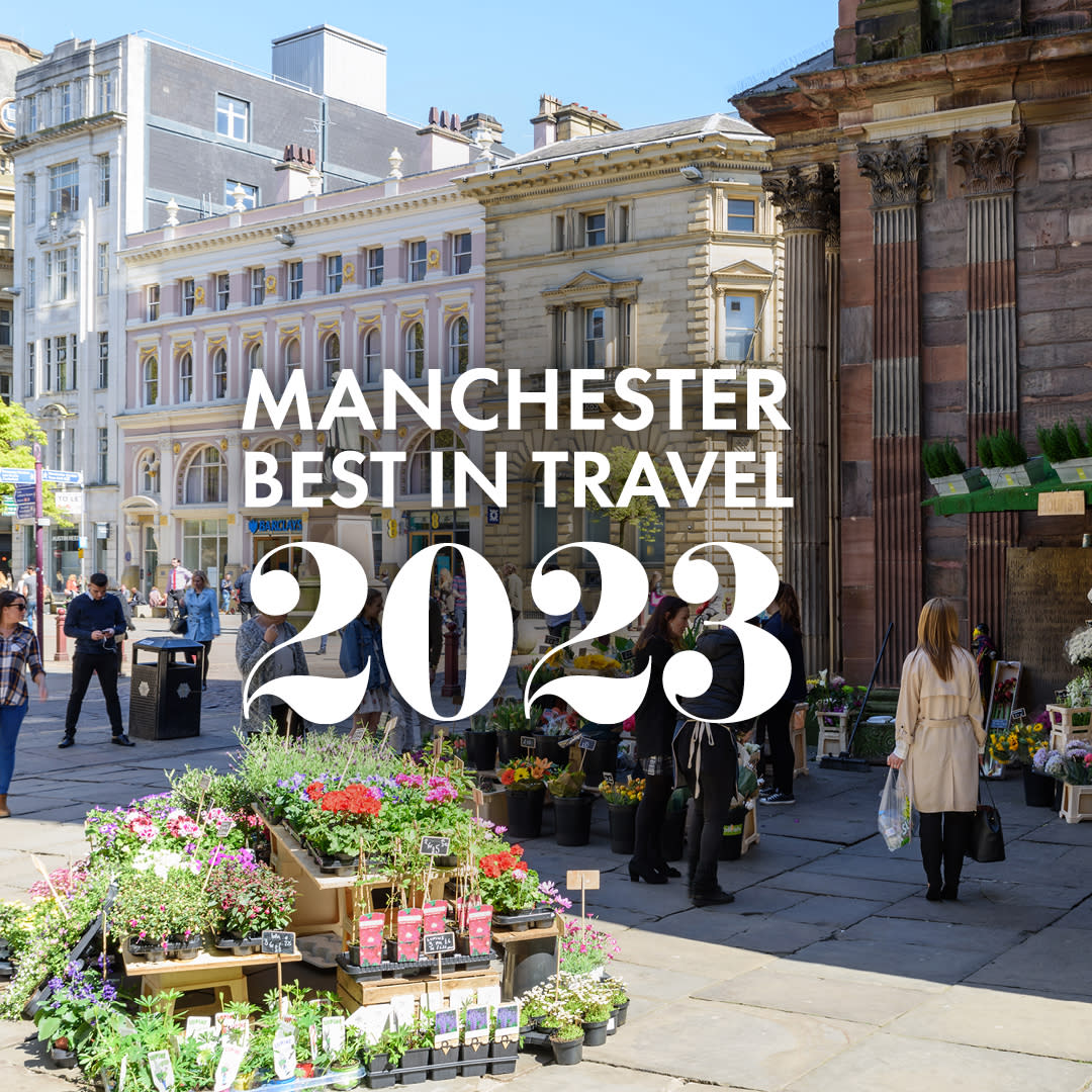 St. Anne's Square, Manchester with 'Manchester Best in Travel 2023' text overlaid