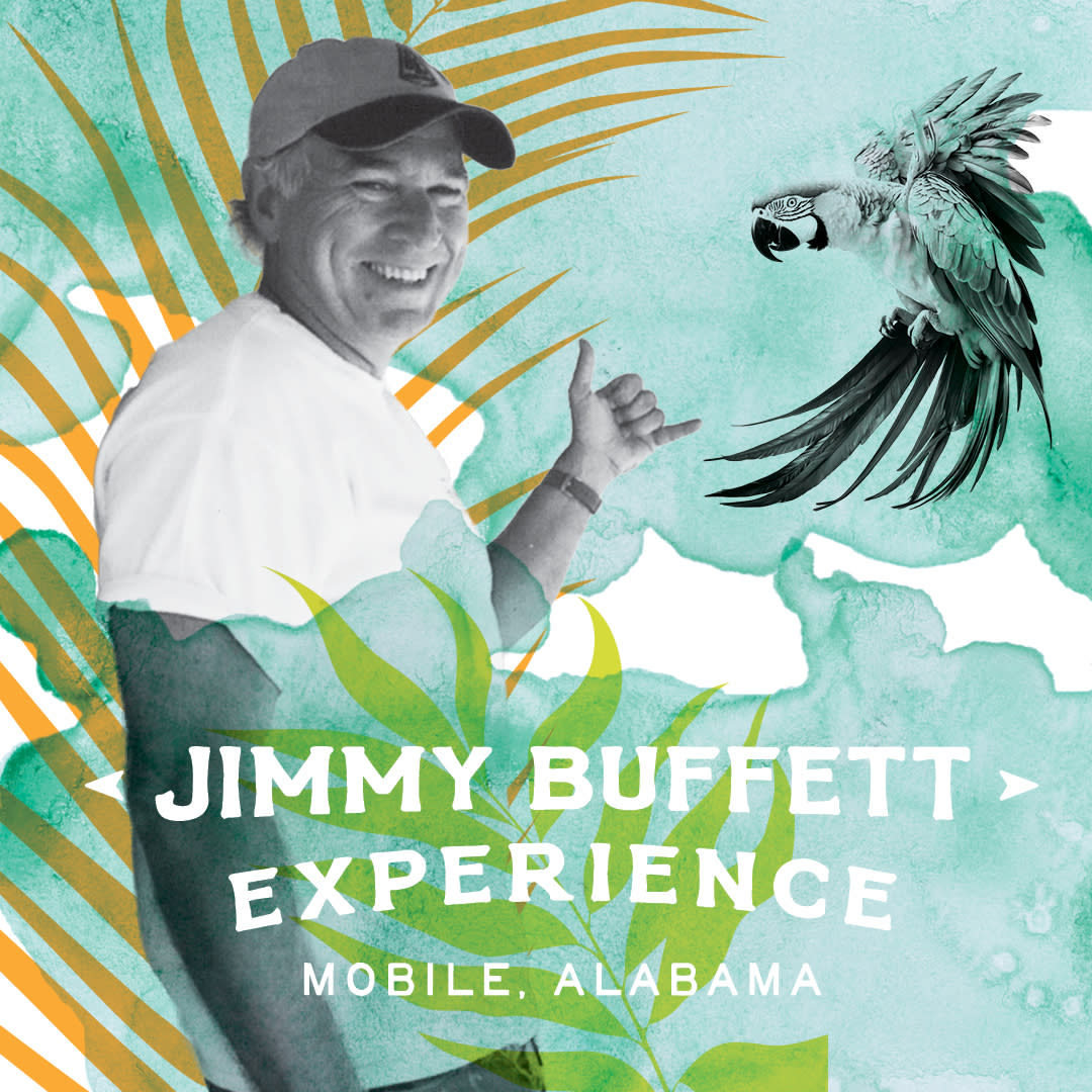 Graphic of a greyscale image of Jimmy Buffett on a watercolor background with the words "Jimmy Buffett Experience Mobile, Alabama."