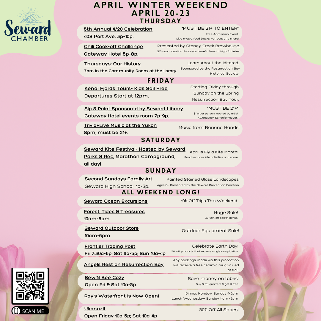 A list of events happening in Seward, Alaska. April 20-23 2023.