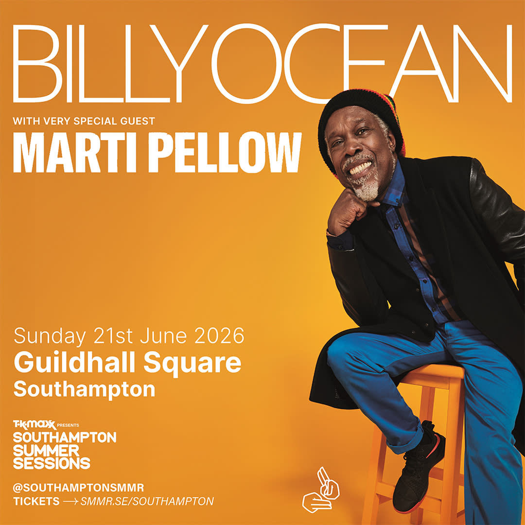 “A promotional poster with an orange background advertising a Billy Ocean concert with special guest Marti Pellow. The event is on Sunday 21 June 2026 at Guildhall Square in Southampton. On the right side, a smiling man with a grey beard, wearing a colorful knit hat, dark coat, and blue trousers, sits on a yellow stool. Event and ticket details appear in white text across the poster.