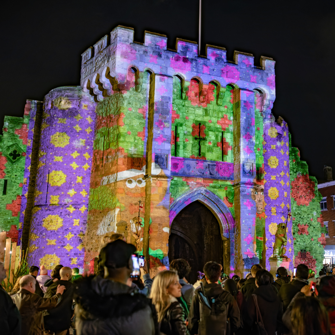 The Bargate lit up with the Christmas Market's Light Projection Show