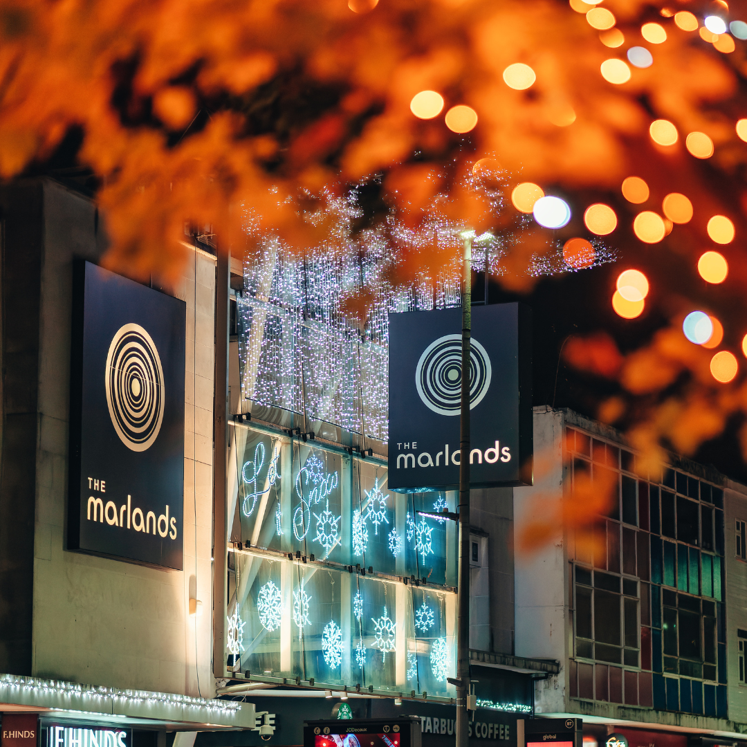 Marlands Shopping Centre with Christmas lights outside centre