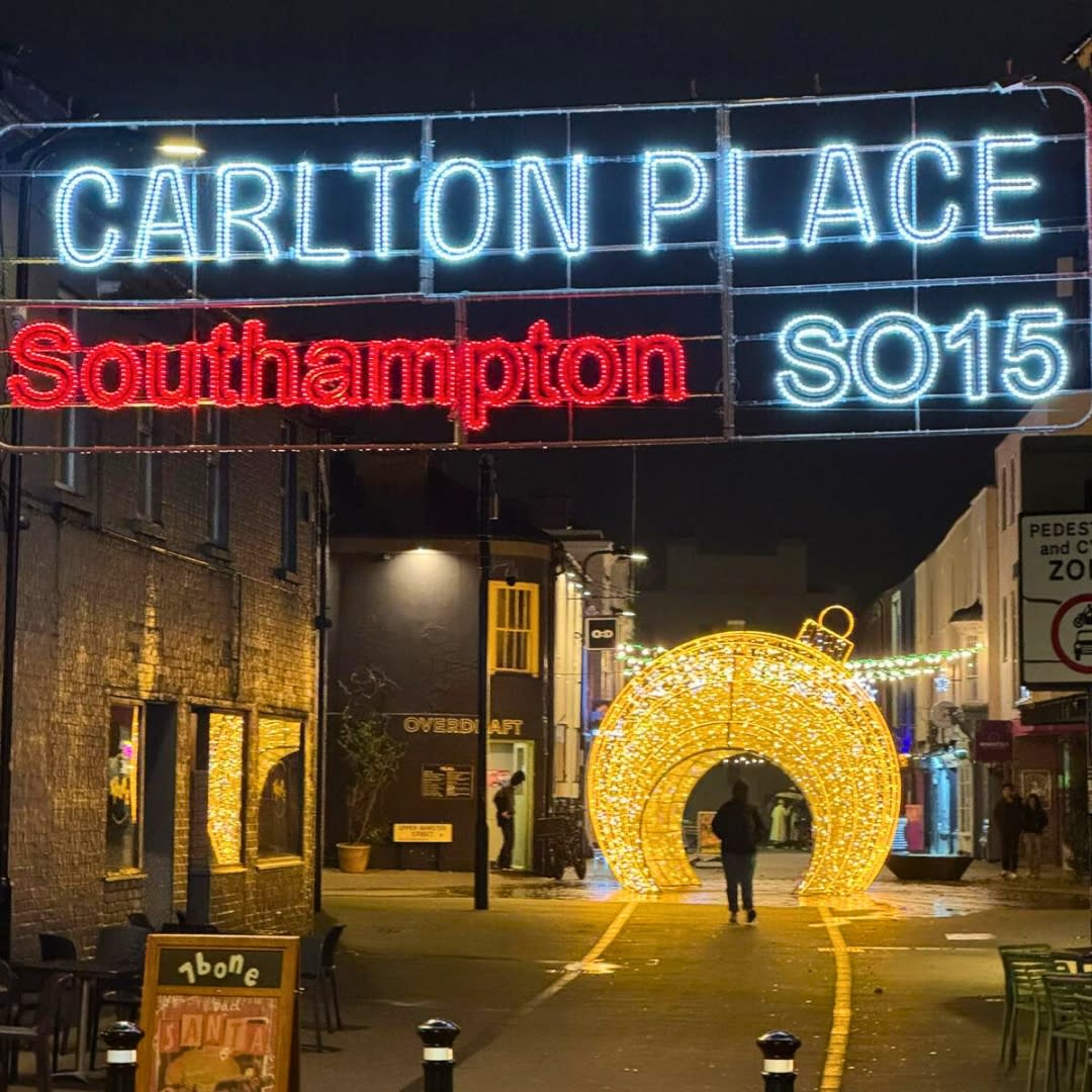 Christmas Bauble covered in lights on Carlton Place