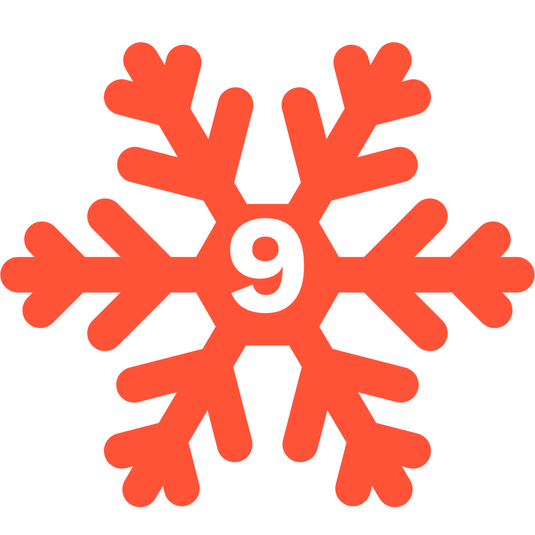 Red snowflake with number 9 in centre