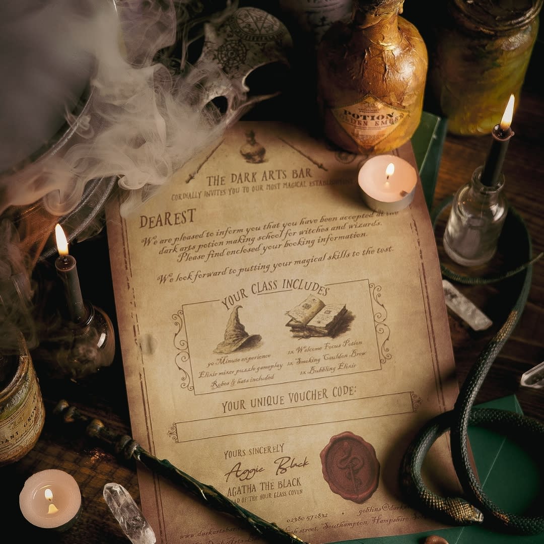 Dark Arts potion bar wizard letter with candles and proper around