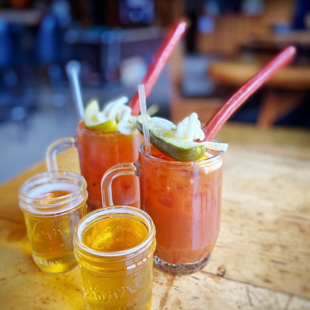 Two bloody mary's and chasers from Rusty's Saloon