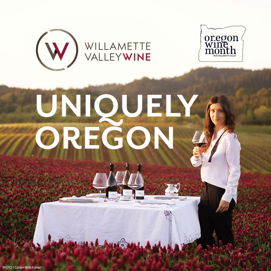 Text "Uniquely Oregon" with image of lovely woman standing in a field of crimson flowers at a white-tablecloth wine tasting place setting. Willamette Valley and Oregon Wine Month logos at the top.