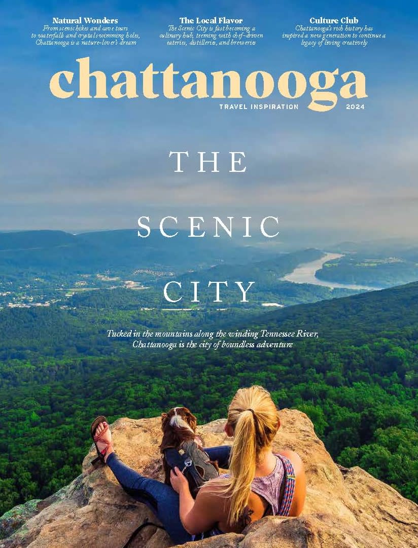 2024 Chattanooga Travel Inspiration Magazine cover _ woman sits on Sunset rock with dog
