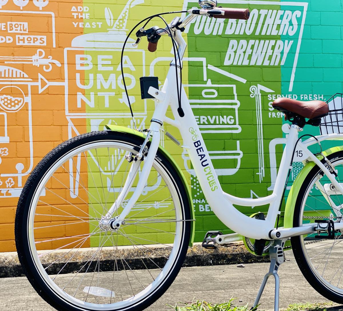 beaucycle in front of a mural in Beaumont, TX