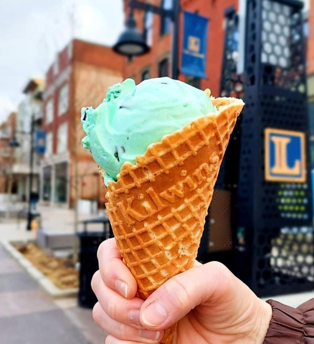 hand holding a waffle cone with mint chocolate chip ice cream