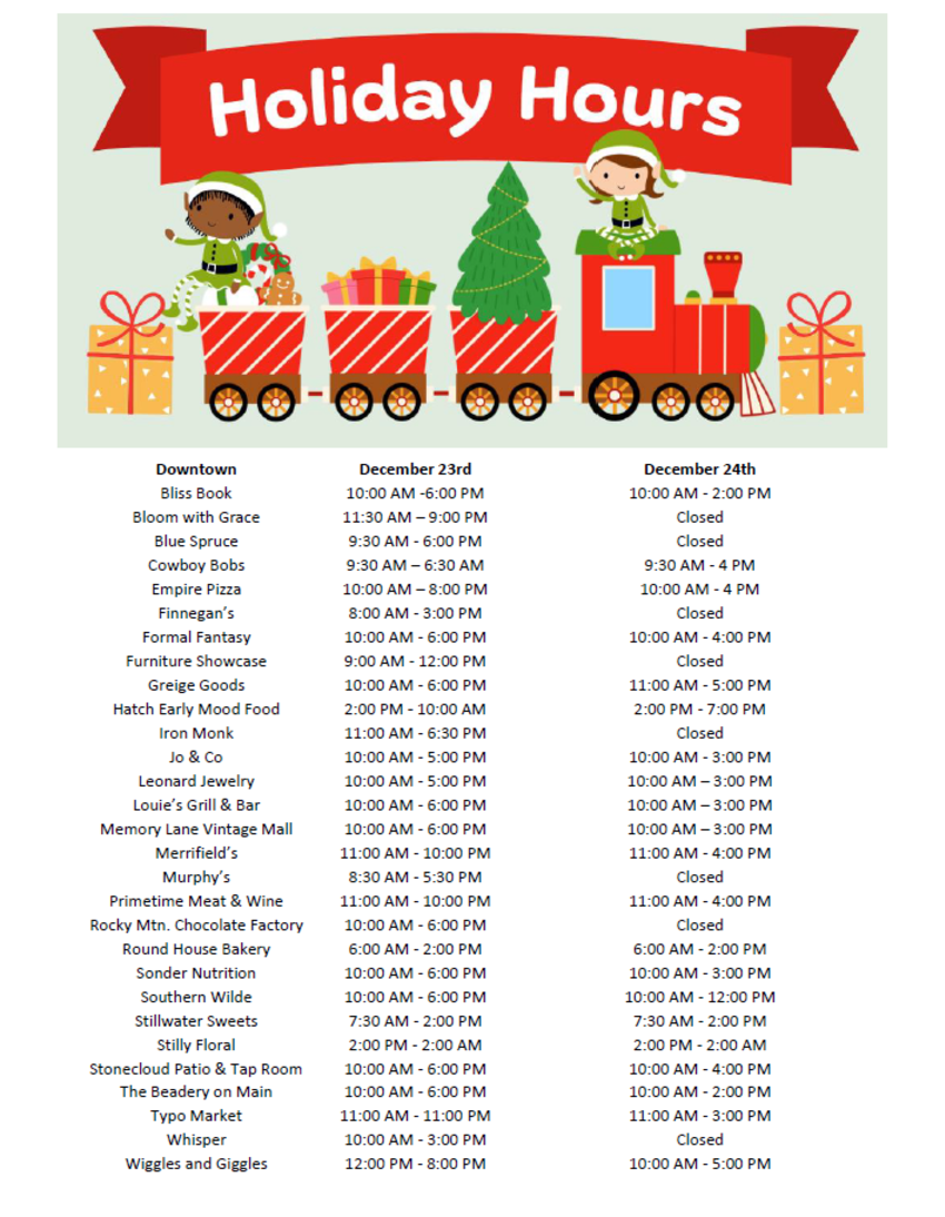 Downtown Holiday Hours