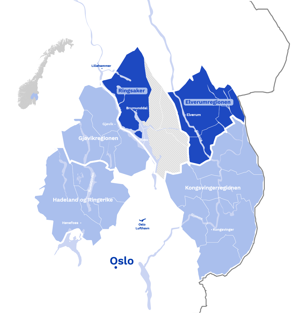 Kart av Visit Øst-Norge med Ringsaker og Elverum uthevet
