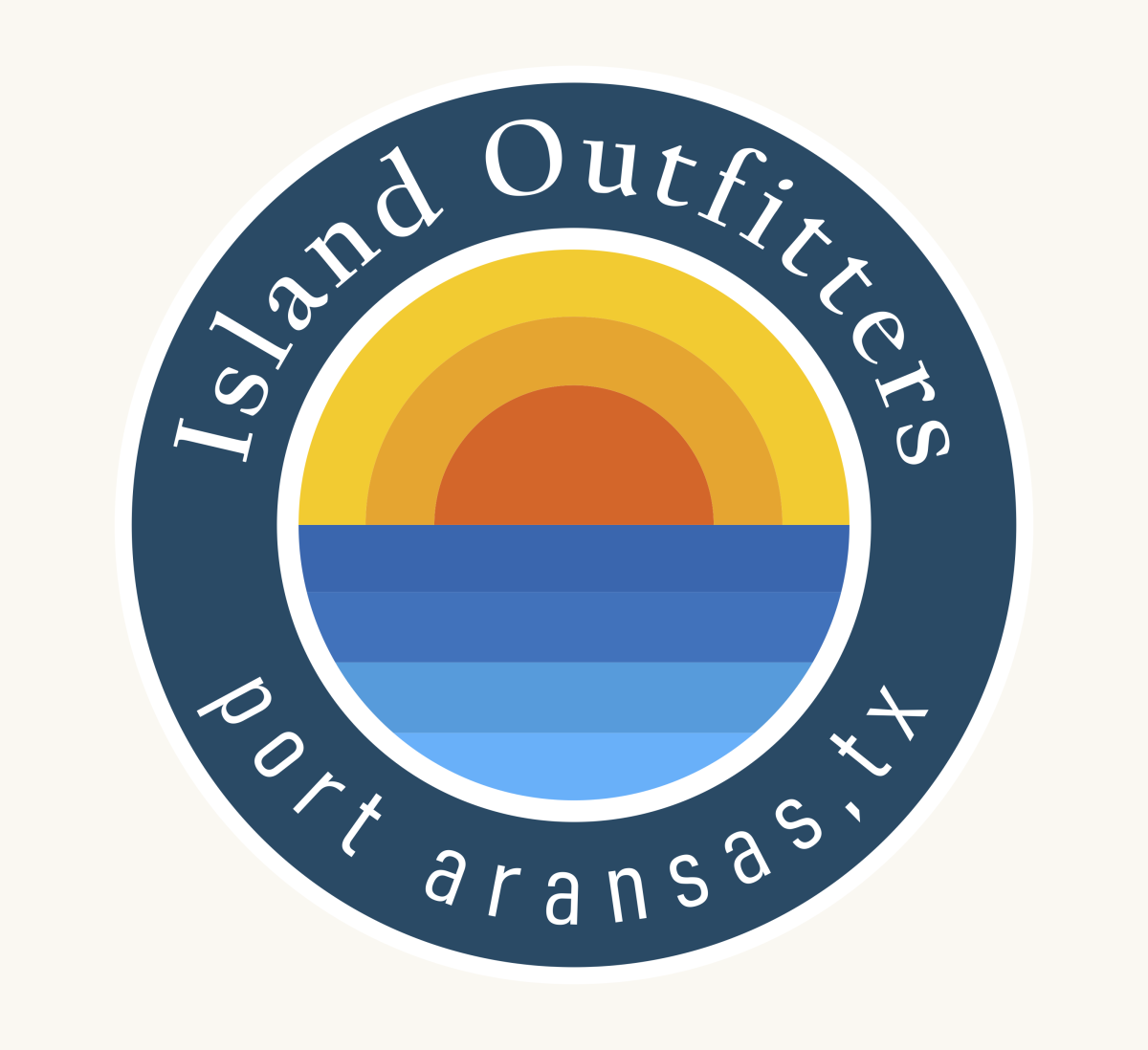 Round seal logo that says "Island Outfitters Port Aransas, TX" on the blue outer circle. On the inner circle, there's lines of a sunset and water.