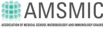 Logo of AMSMIC, featuring a teal cell-like graphic and the text “AMSMIC” along with “Association of Medical School Microbiology and Immunology Chairs” below.