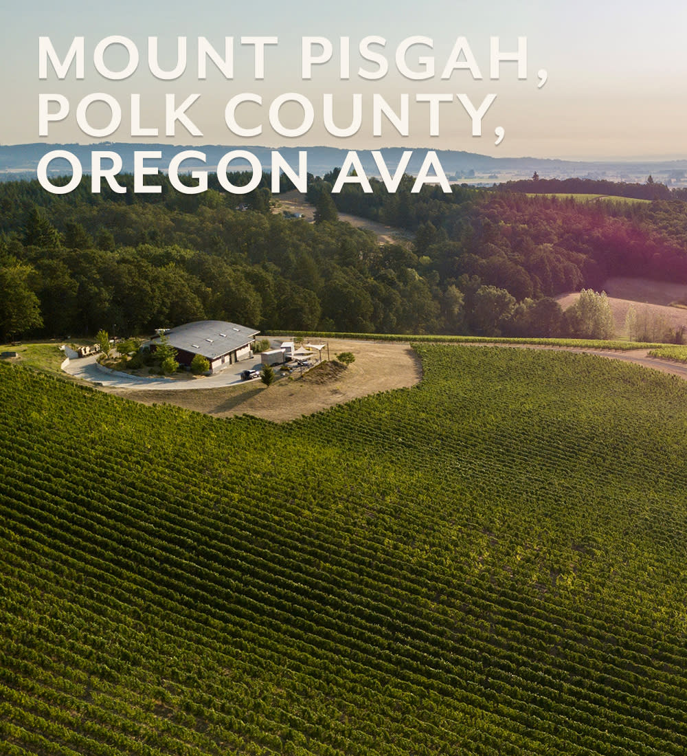 Mount Pisgah, Polk County, Oregon AVA overlay text and aerial view of vineyard.