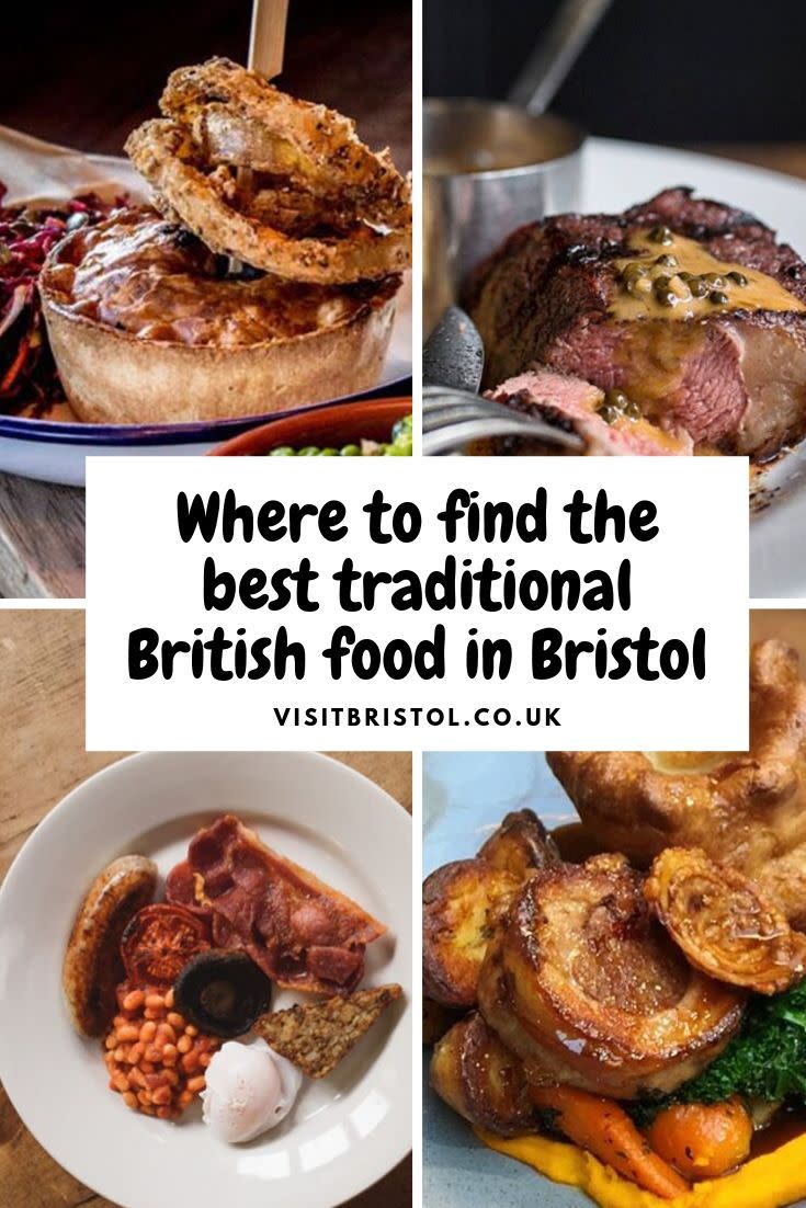 A Pinterest collage for traditional British food in Bristol blog - Credit Visit West
