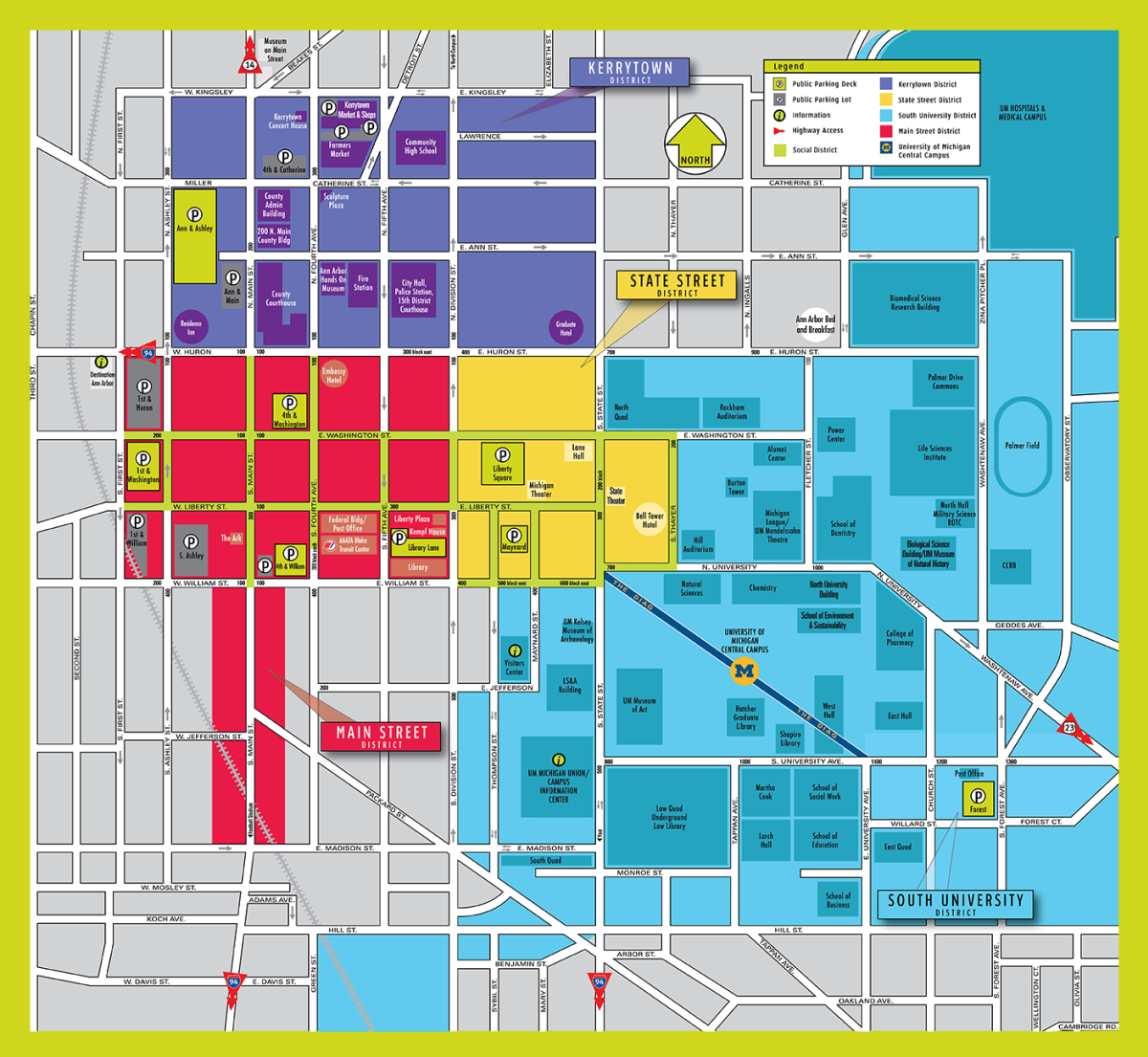 Colorful Downtown Ann Arbor walking map, with 4 different districts