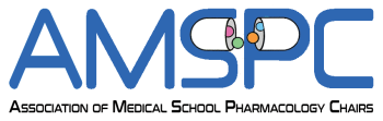 Logo for the Association of Medical School Pharmacology Chairs, featuring the acronym "AMSPC" in blue, with a capsule illustration in the letter "P" and the full name below in black.
