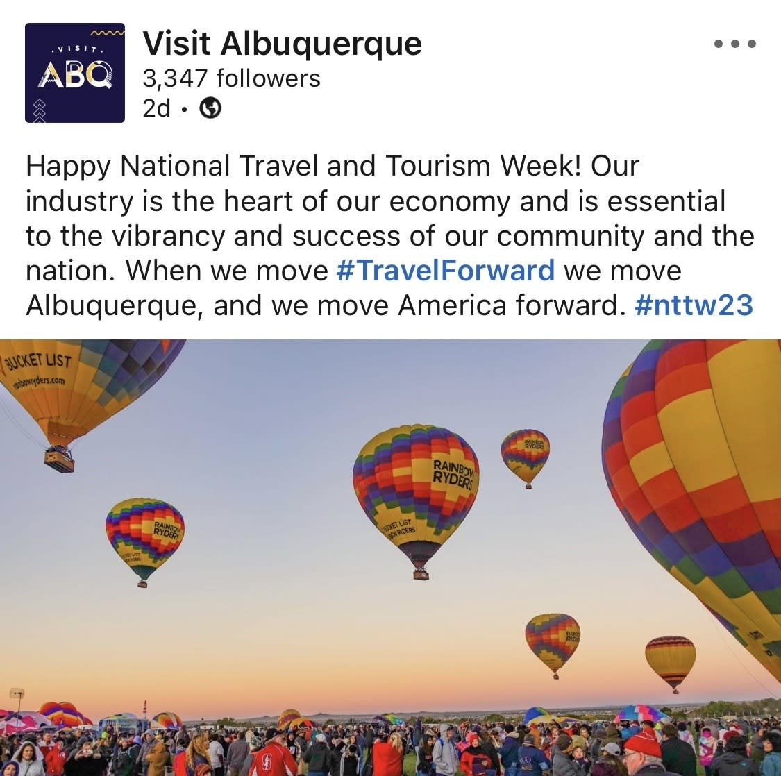 A look at the National Travel and Tourism post Visit Albuquerque made on LinkedIn