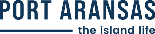 Marline blue text reads Port Aransas in all caps. Beneath it is a line and the text "the island life," also in marlin blue, in lowercase letters.