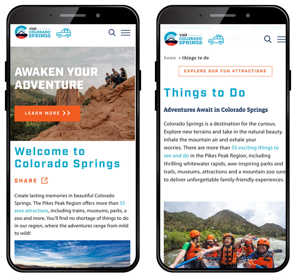 screen shot of Visit Colorado Spring's home page and Things to Do list