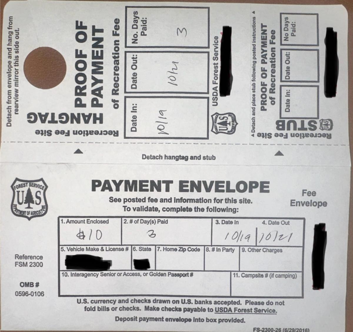 Fifth Water Hotsprings Payment Envelope