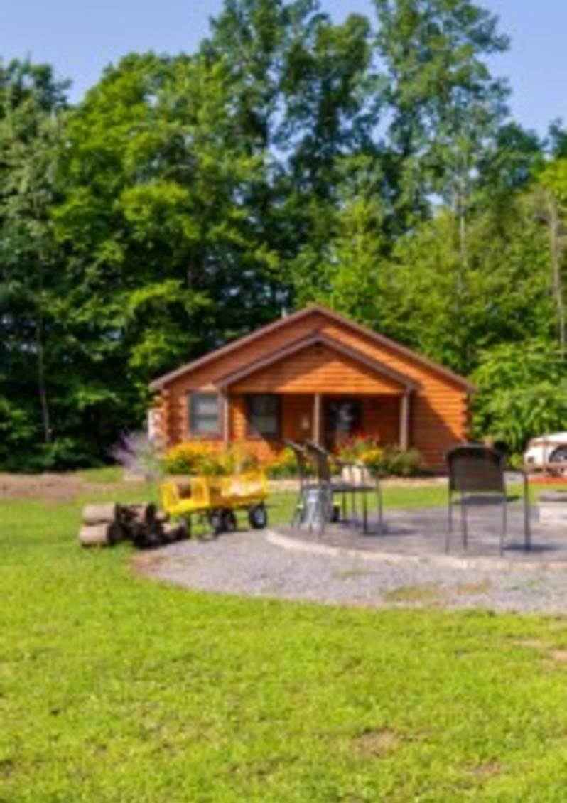 Overview of the grounds at Cayuga Lake Cabins, three cabins and pathway