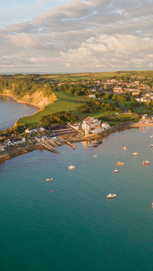 Aerial view of Swanage Bay and Peveril Point Dorset copyright Lyons Photography