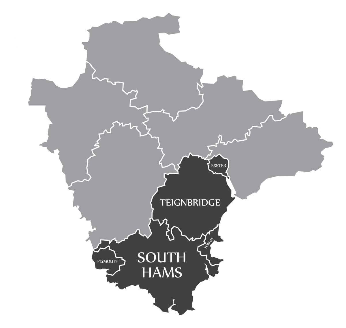 Map highlighting South Hams and Teignbridge in Devon, England. South Hams and Teignbridge are in dark gray, surrounded by lighter gray regions.