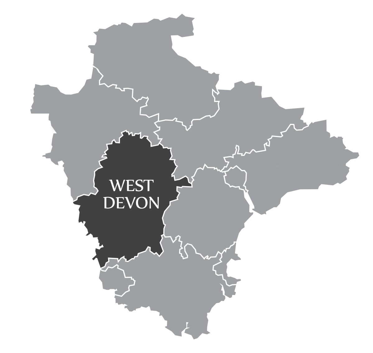 Map highlighting West Devon in dark grey, within a broader light grey region. "West Devon" is labelled prominently, emphasising its location.