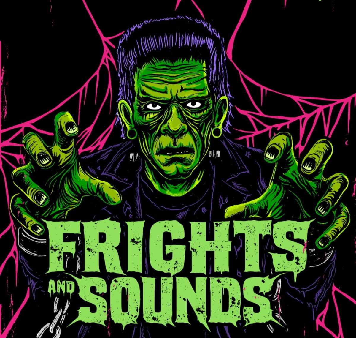 A poster design features Frankenstein's monster with the Frights and Sounds font beneath his menacing hands