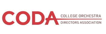 Logo with red ‘CODA’; the ‘A’ extends into a red line separating the gray text ‘College Orchestra’ above ‘Directors Association