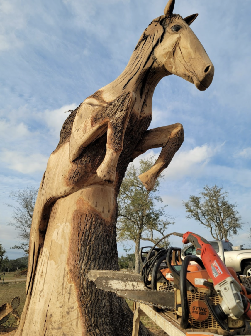 A wooden horse carved with a chainsaw into an old tree