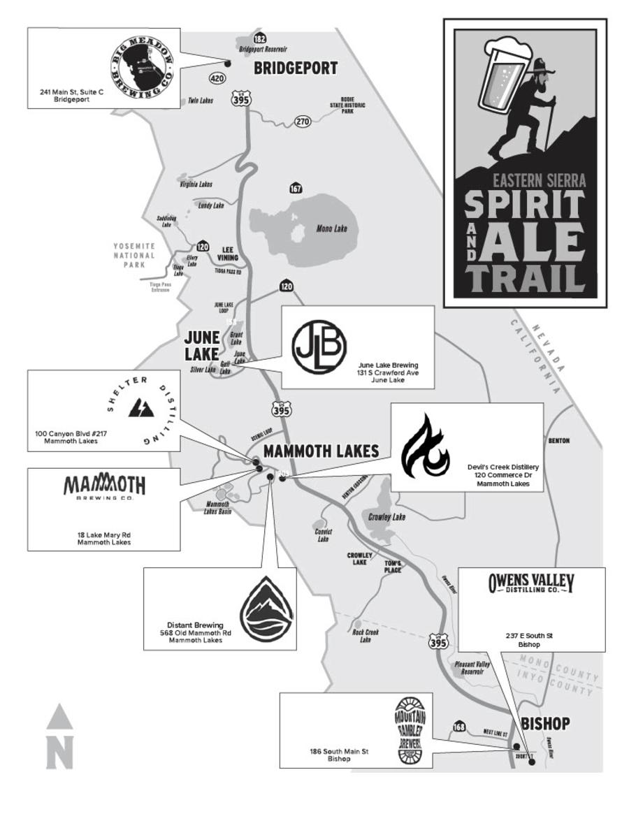 Map of locations on the Eastern Sierra Spirits and Ale Trail