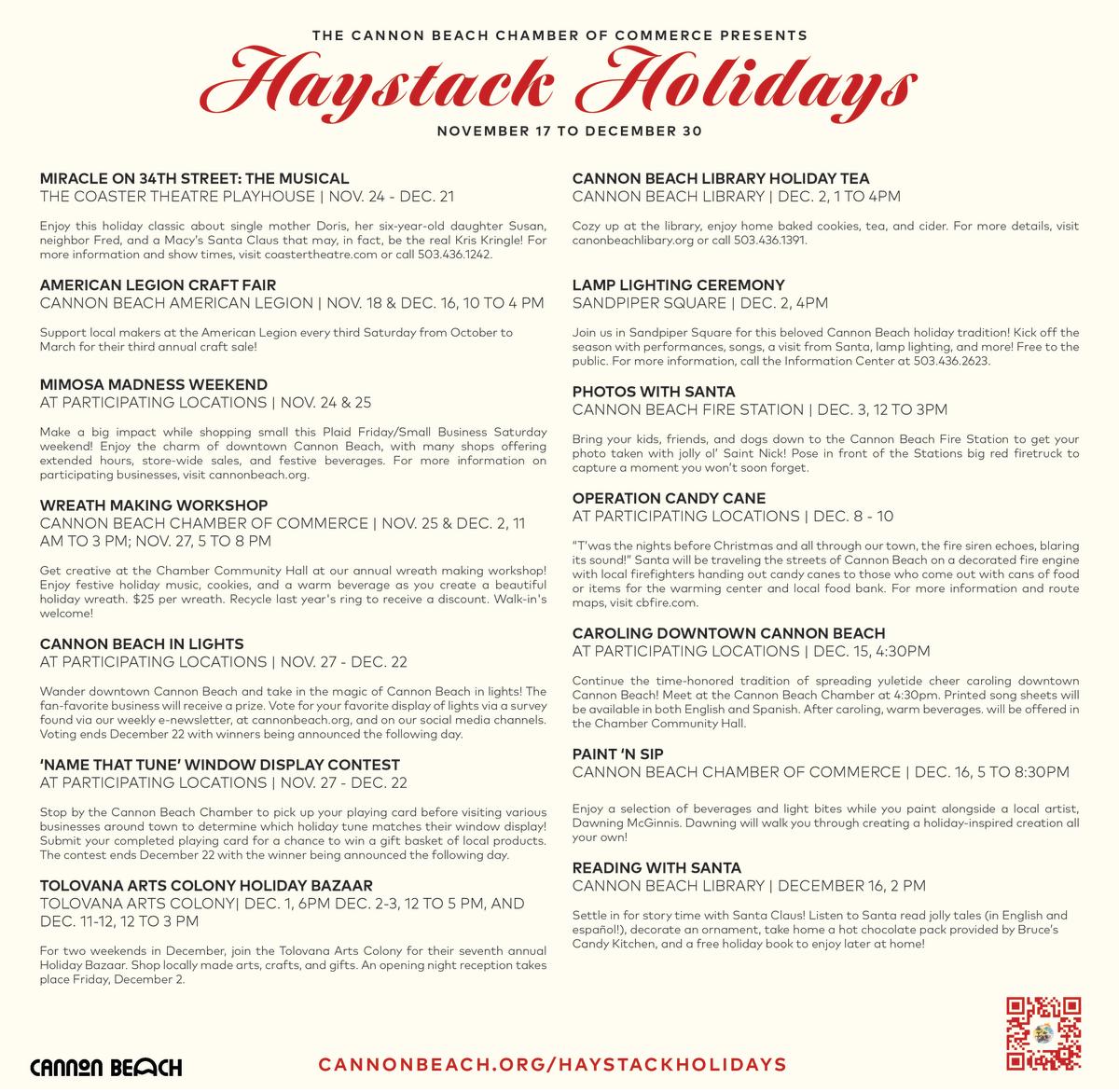 Haystack Holiday Events 2023 in Cannon Beach Oregon