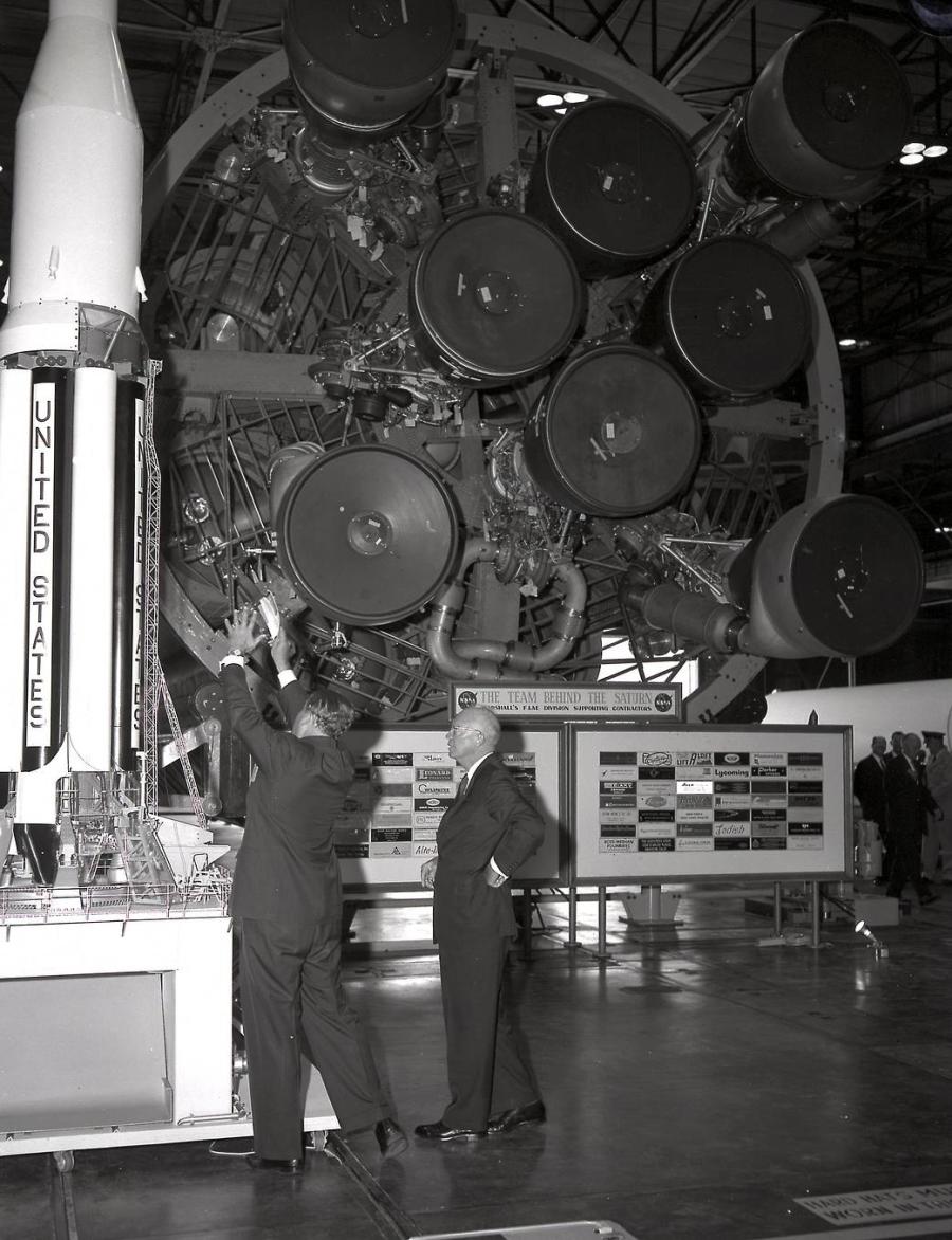 Dr. Wernher von Braun, Marshall Space Flight Center's first director, points out details on a Saturn rocket to President Dwight D. Eisenhower. President Eisenhower was at Marshall to participate in the center's dedication ceremony, Sept. 8, 1960.