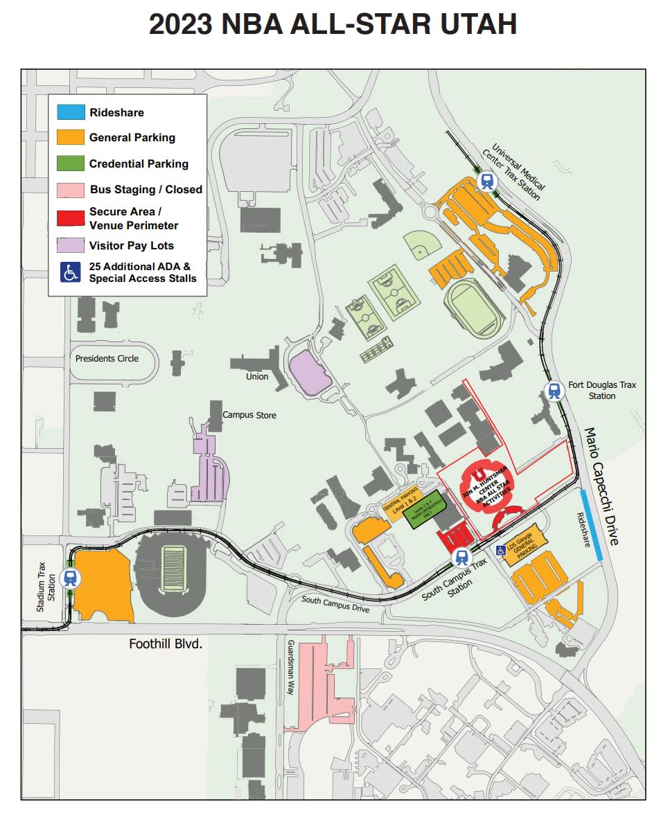 Map of University of Utah around Huntsman center showing parking lots and secure area