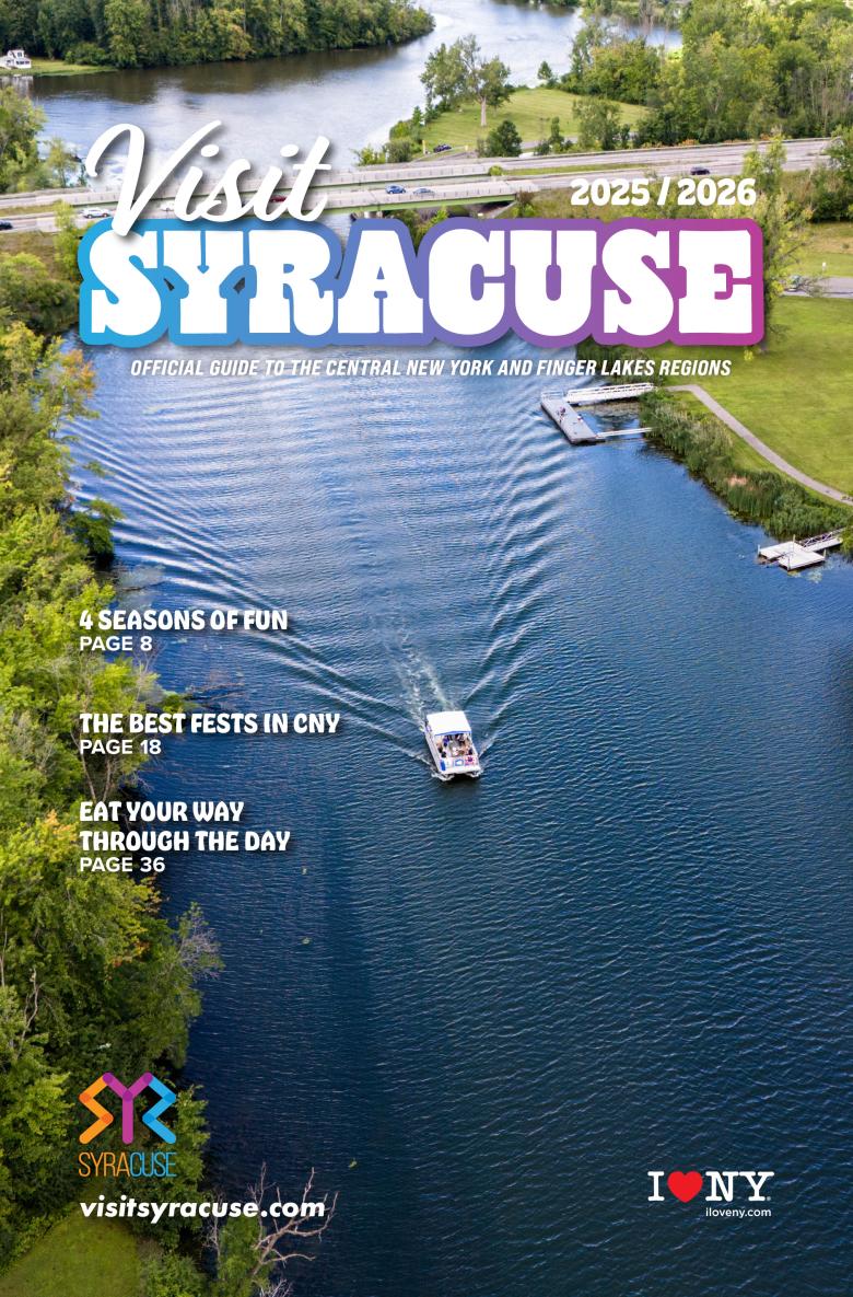 2025/2026 Visit Syracuse Visitor Guide cover showing a boat on a scenic river with travel highlights and Visit Syracuse branding.